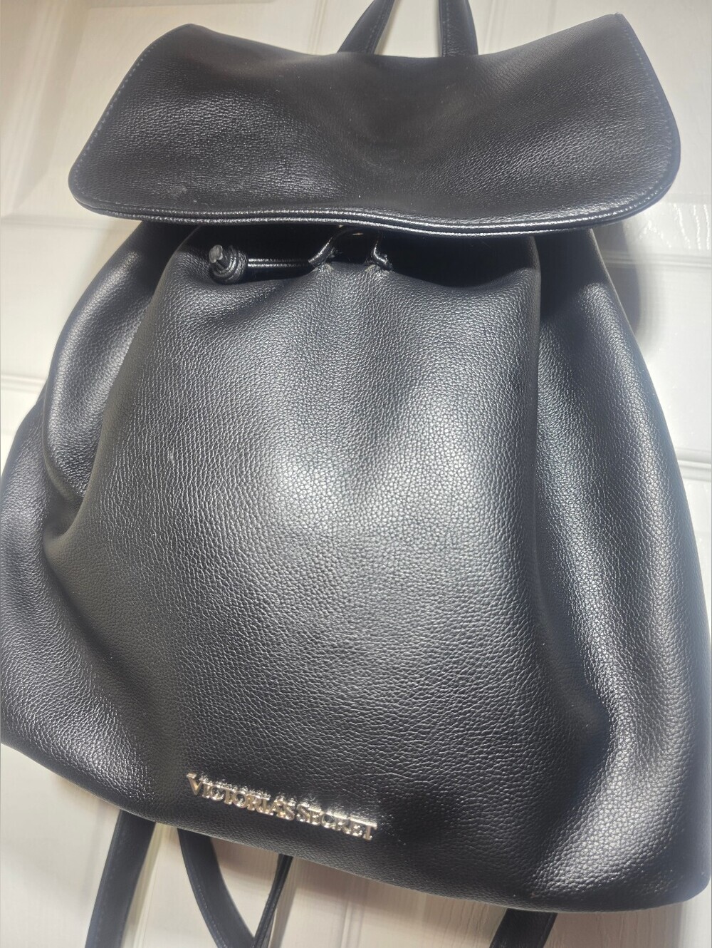 Victoria’s Secret Black Faux Leather Backpack Drawstring Bag Silver  Logo - Picture 6 of 8